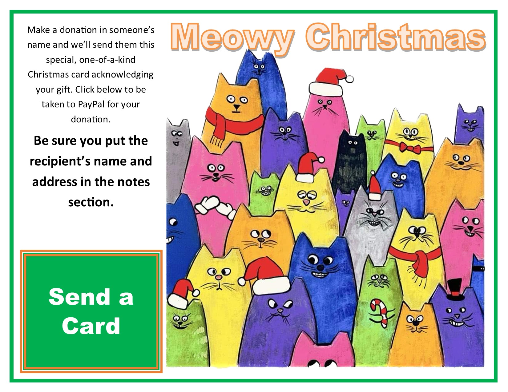 Meowy Christmas card with bright colored cartoon cats linked to PayPal to send card